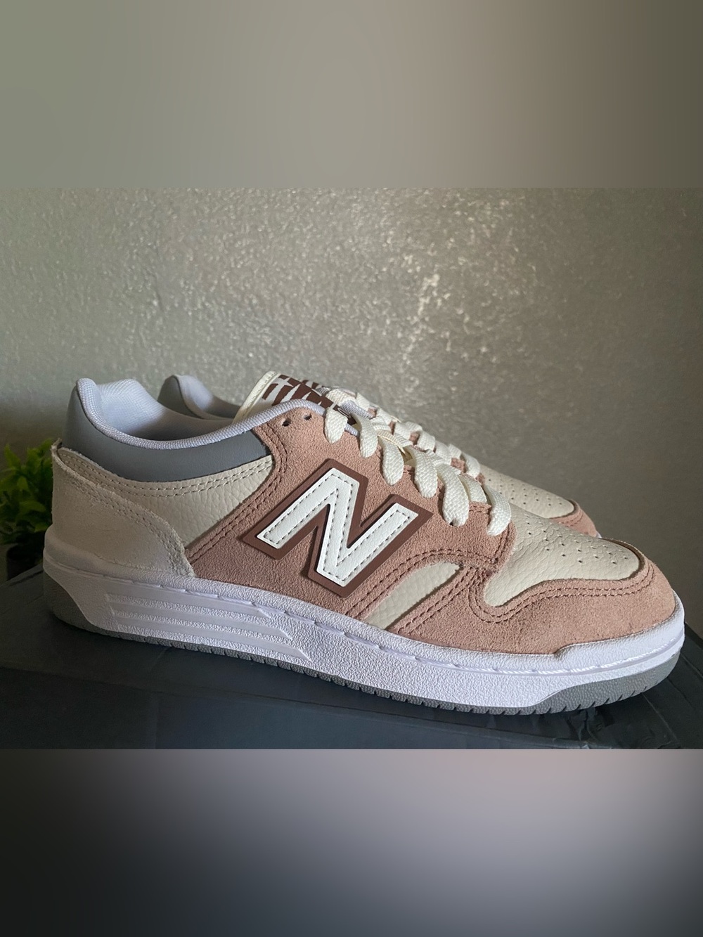New Balance Cream and Dusty Pink Suede Low-Top Sneaker